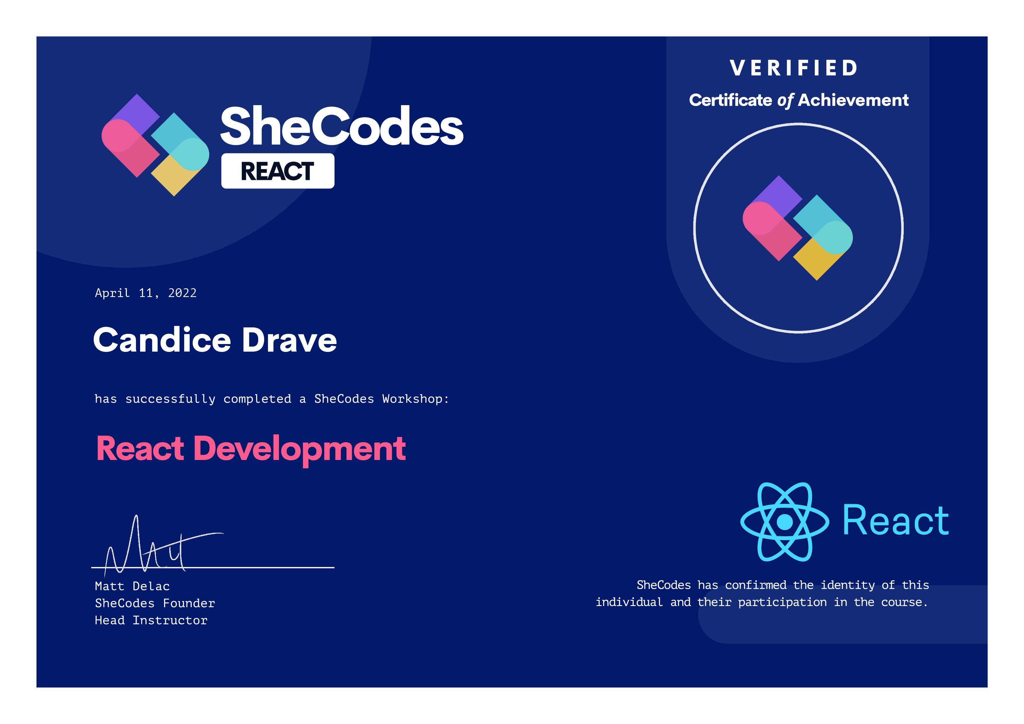 SheCodes react certification